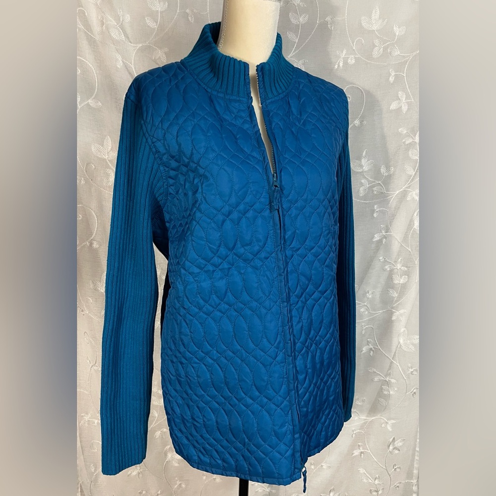 Peter Martin Woman Bright Blue  Zipper Front Sweater Jacket Quilted Ribbed Sz 1X